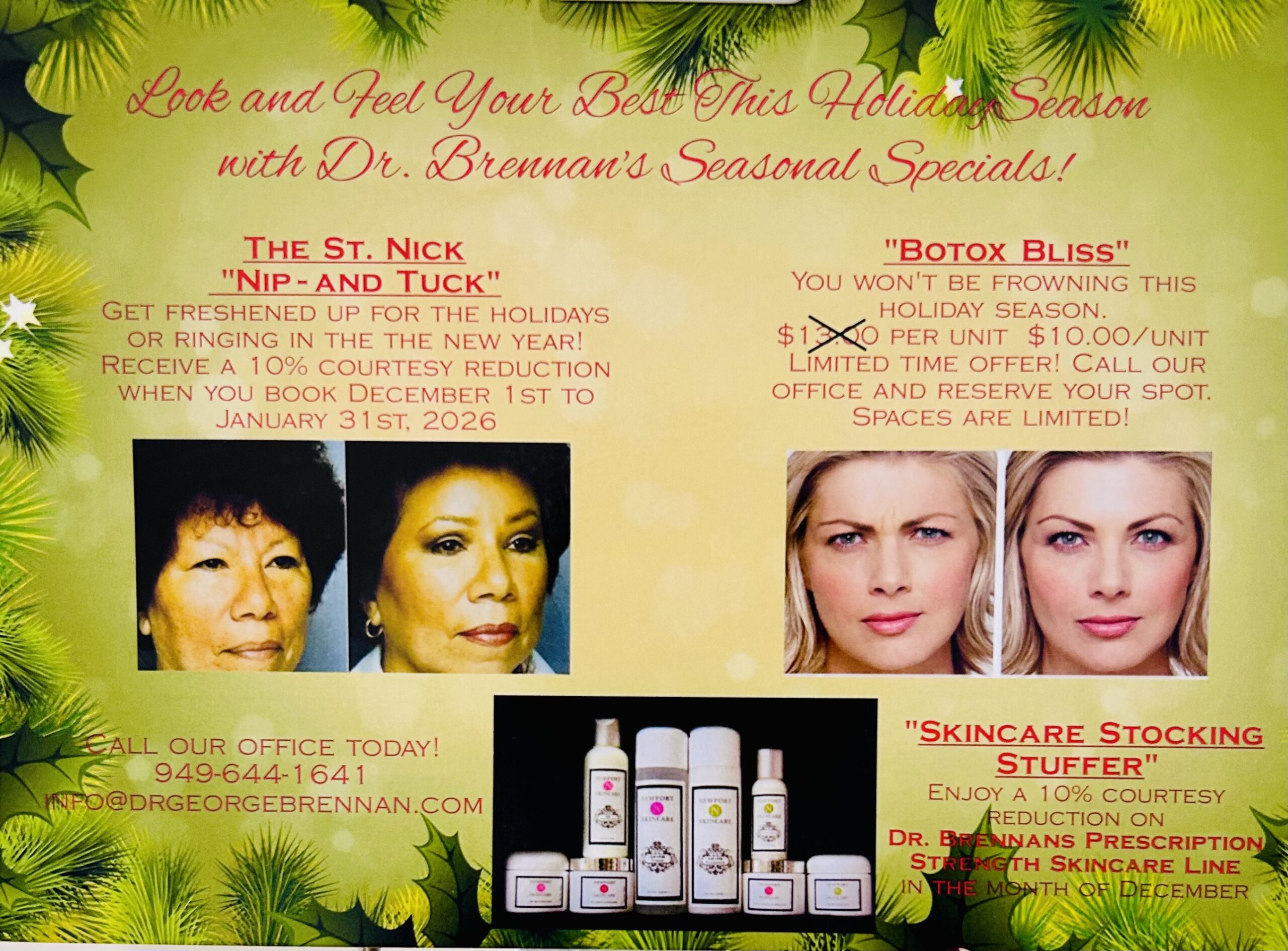 Promotional flyer for Dr. Brennan's holiday specials featuring before-and-after photos, skincare products, and service discounts on cosmetic procedures.