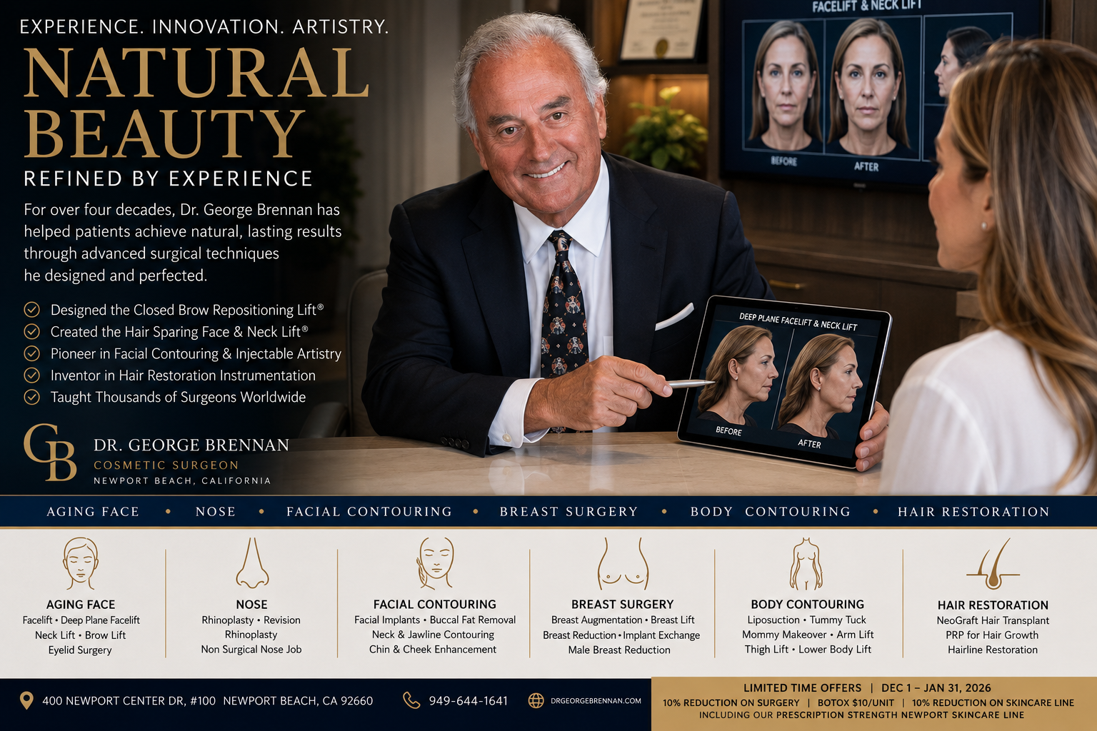 Dr. George Brennan discussing natural looking facelift surgery and facial rejuvenation techniques in Newport Beach, California.