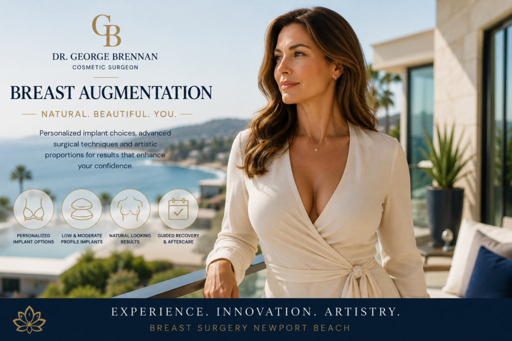 Dr. George Brennan discussing breast augmentation and implant options with a patient in Newport Beach.