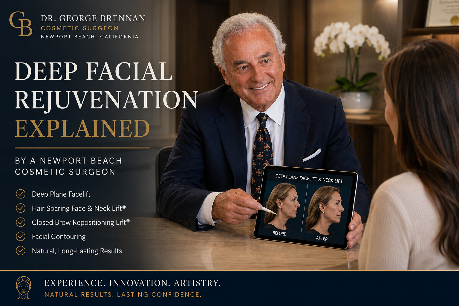 Dr. George Brennan discussing deep facial rejuvenation and natural facelift options with a patient in Newport Beach.