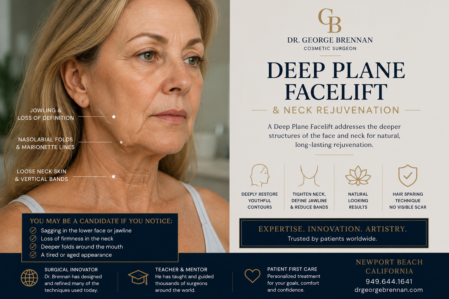 Dr. George Brennan discussing Deep Plane Facelift candidacy with a patient in Newport Beach.