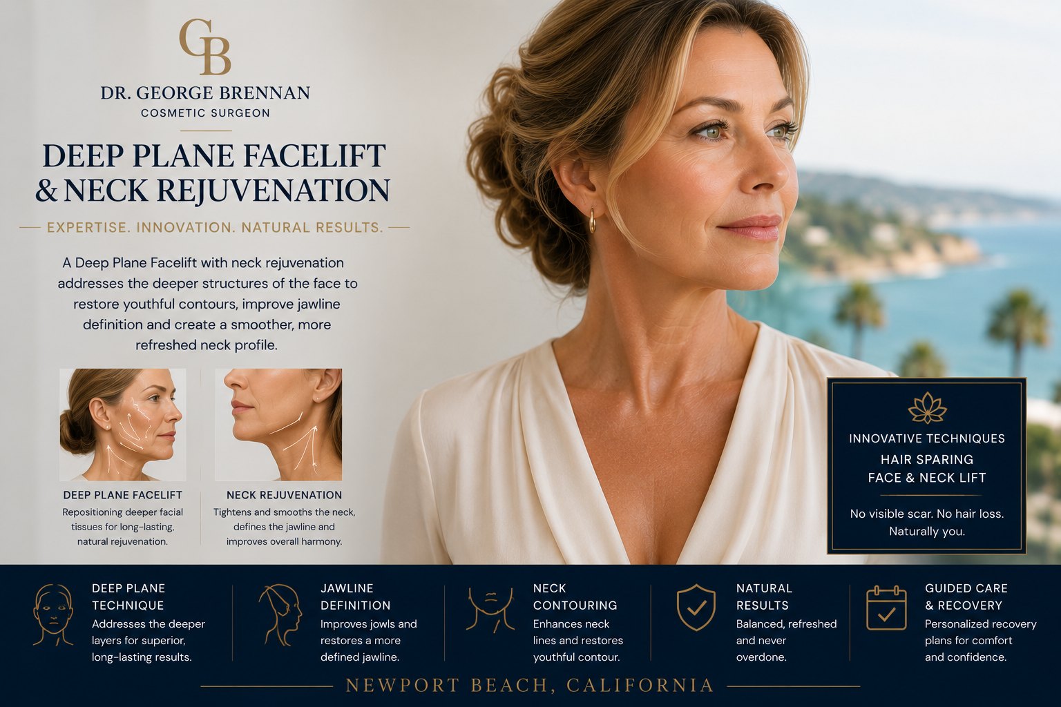 Dr. George Brennan discussing Deep Plane Facelift and neck rejuvenation surgery in Newport Beach.