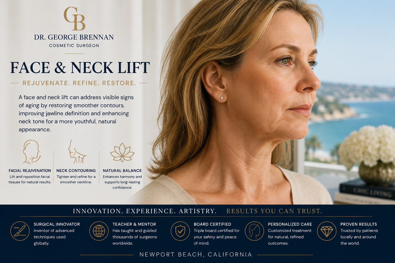 Dr. George Brennan discussing face and neck lift surgery and natural facial balance in Newport Beach.