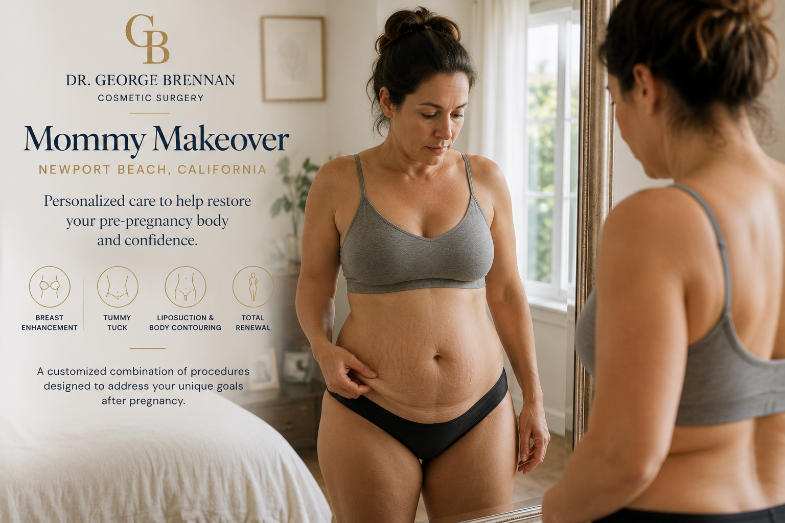 Dr. George Brennan discussing personalized mommy makeover and post-pregnancy body contouring options in Newport Beach.