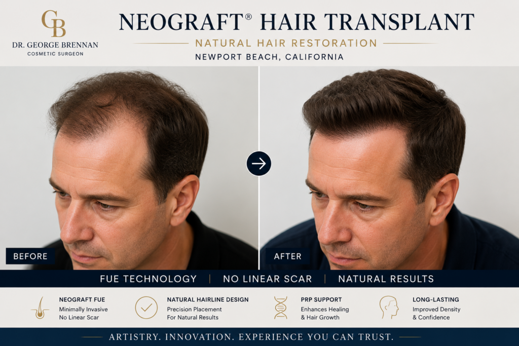 Dr. George Brennan discussing NeoGraft hair transplant and natural hair restoration options in Newport Beach.