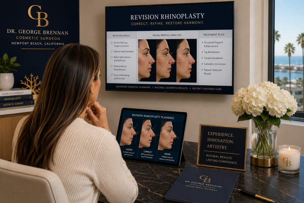 Dr. George Brennan reviewing revision rhinoplasty and corrective nose surgery options with a patient in Newport Beach.